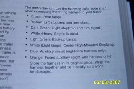 Factory owner's manual showing wiring colors